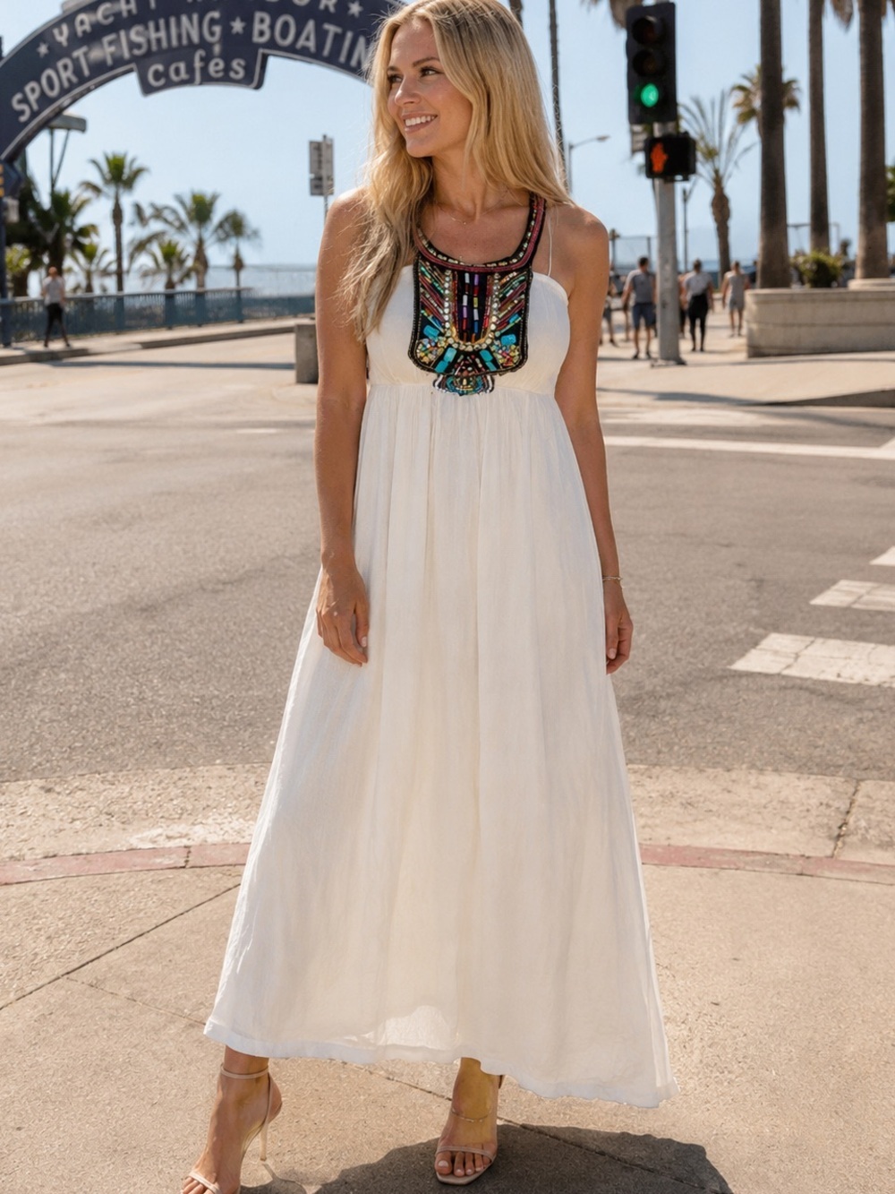 Trendology Strappy Straps Flowy Embellished Beaded White Maxi Lined Boho Dress M